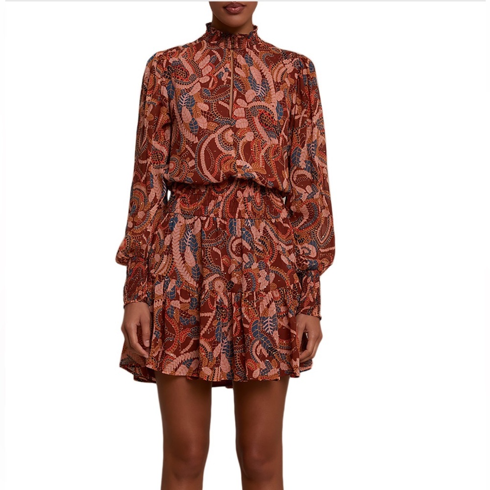 ALC Silvie Silk Paisley Long Sleeve Cinnamon Brown Mini Boho Luxe Dress Size 12